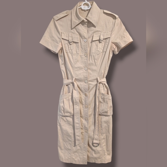 Escada Cream Fitted Belted Short Sleeve Button-Up Midi Shirt Dress Utility - Picture 1 of 11